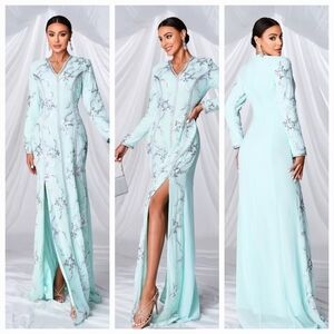Blue Sequin Embellished Gown with Mandarin Collar